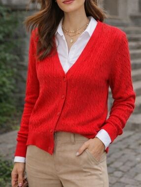 Tommy Hilfiger Red Cable Knit Cardigan 100% Pima Cotton Classic Preppy Cozy
